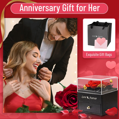Rosa Eterna Con Juego De Collar Y Aretes Regalos De Cumpleaños Para Mujer Mamá Flores Reales Preservadas Día De Las Madres Día De San Valentín Regalos Sets De Joyería Para Mujer Abuela Esposa Novia Ella (Rojo)