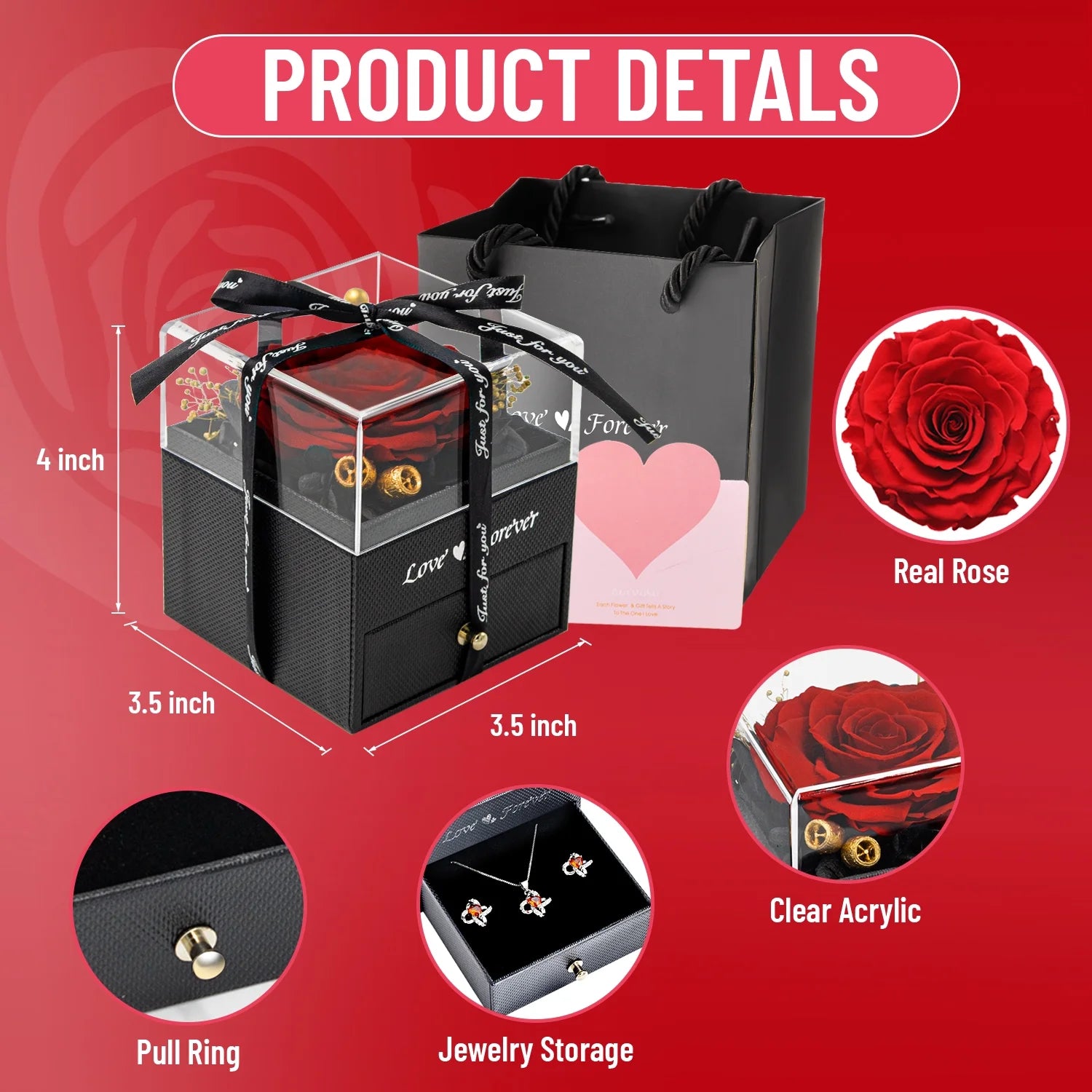 Rosa Eterna Con Juego De Collar Y Aretes Regalos De Cumpleaños Para Mujer Mamá Flores Reales Preservadas Día De Las Madres Día De San Valentín Regalos Sets De Joyería Para Mujer Abuela Esposa Novia Ella (Rojo)