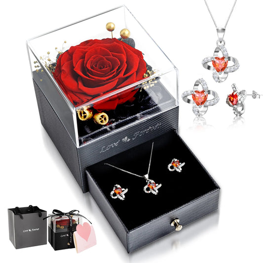 Rosa Eterna Con Juego De Collar Y Aretes Regalos De Cumpleaños Para Mujer Mamá Flores Reales Preservadas Día De Las Madres Día De San Valentín Regalos Sets De Joyería Para Mujer Abuela Esposa Novia Ella (Rojo)