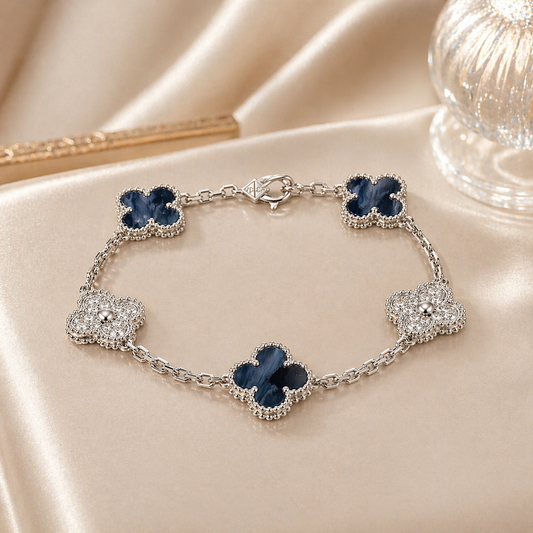 Five Motif Clover Bracelet – 18K White Gold with Blue Pietersite & Diamond Accents