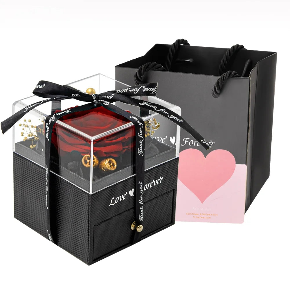 Rosa Eterna Con Juego De Collar Y Aretes Regalos De Cumpleaños Para Mujer Mamá Flores Reales Preservadas Día De Las Madres Día De San Valentín Regalos Sets De Joyería Para Mujer Abuela Esposa Novia Ella (Rojo)