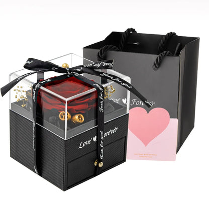 Rosa Eterna Con Juego De Collar Y Aretes Regalos De Cumpleaños Para Mujer Mamá Flores Reales Preservadas Día De Las Madres Día De San Valentín Regalos Sets De Joyería Para Mujer Abuela Esposa Novia Ella (Rojo)
