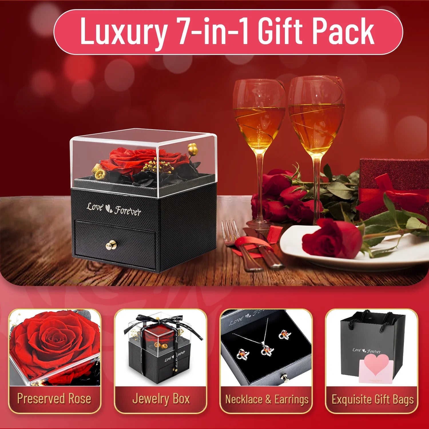 Rosa Eterna Con Juego De Collar Y Aretes Regalos De Cumpleaños Para Mujer Mamá Flores Reales Preservadas Día De Las Madres Día De San Valentín Regalos Sets De Joyería Para Mujer Abuela Esposa Novia Ella (Rojo)