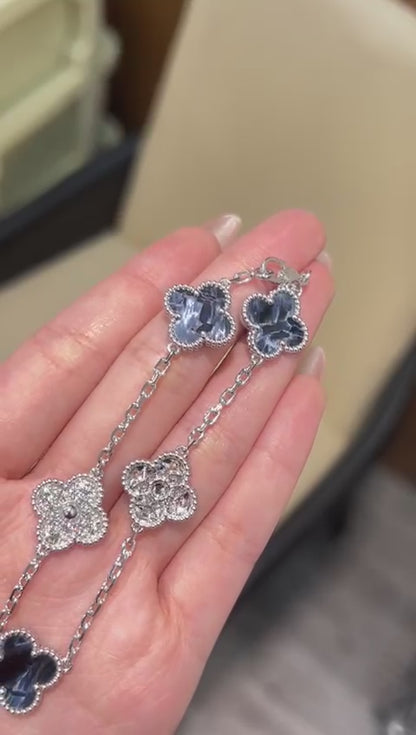 Five Motif Clover Bracelet – 18K White Gold with Blue Pietersite & Diamond Accents